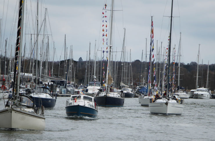 Solent Sailing 1- Hamble to Marchwood Yacht Club image of Members of The RAFYC assemble in the River Hamble for the RAF 100 parade of sail