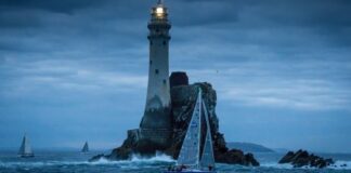 Rolex Fastnet Race 2021-Line Honours image of Fastnet Rock