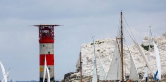 Round the Island Race 2023 – Volvo 70 Tschuss 2 Copyright Paul Wyeth Yachts round the Needles lighthouse